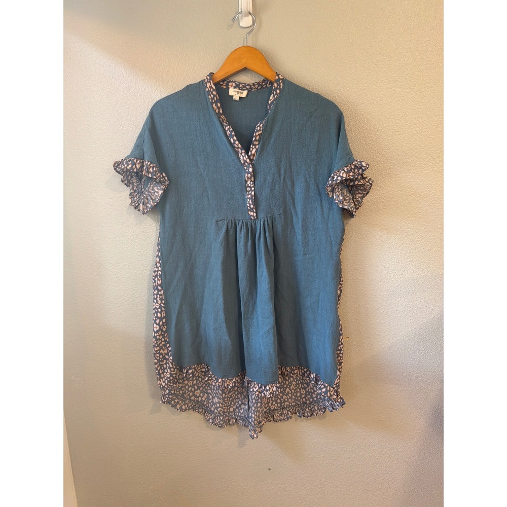 Umgee Tunic Top‎ Women Small Teal Leopard Print Linen Blend Boho Ruffle